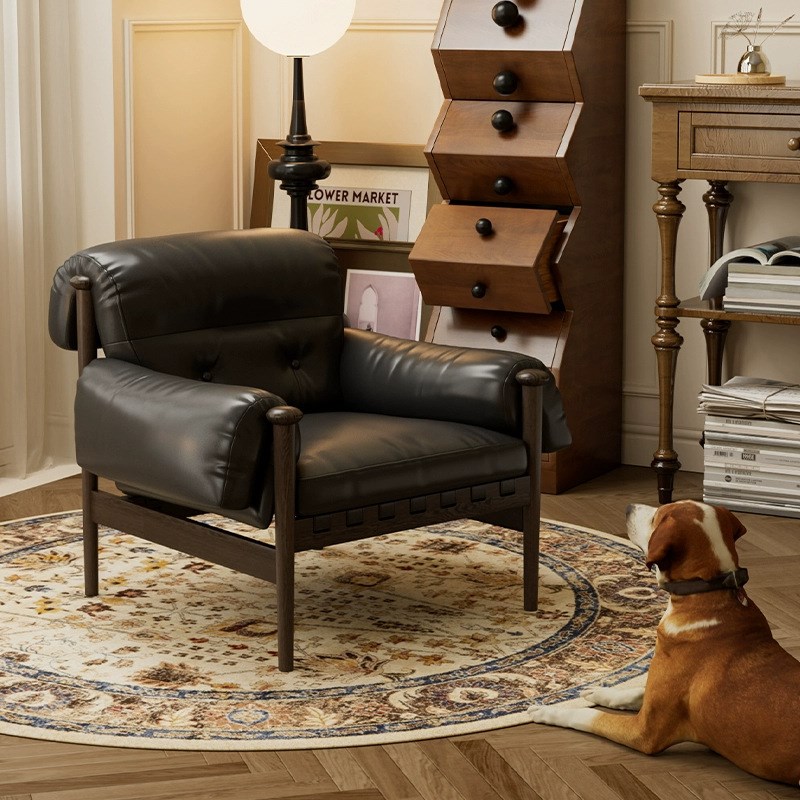 单人沙发椅客厅中古风油蜡皮沙发椅休闲懒人椅实木复古躺椅国王椅