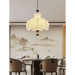 新中式中古风餐厅灯吊灯法式复古胡桃木设计师布艺花瓣民宿饭厅灯