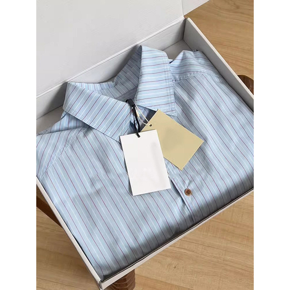 法式蓝色条纹通勤polo领衬衫女春夏季简约松弛感宽松防晒衬衣上衣