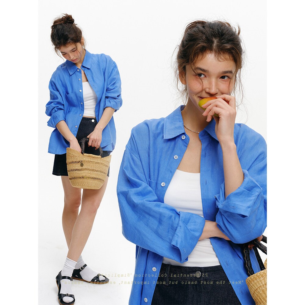法式克莱因蓝色Polo领防晒长袖衬衫女春夏季复古宽松薄款衬衣外套