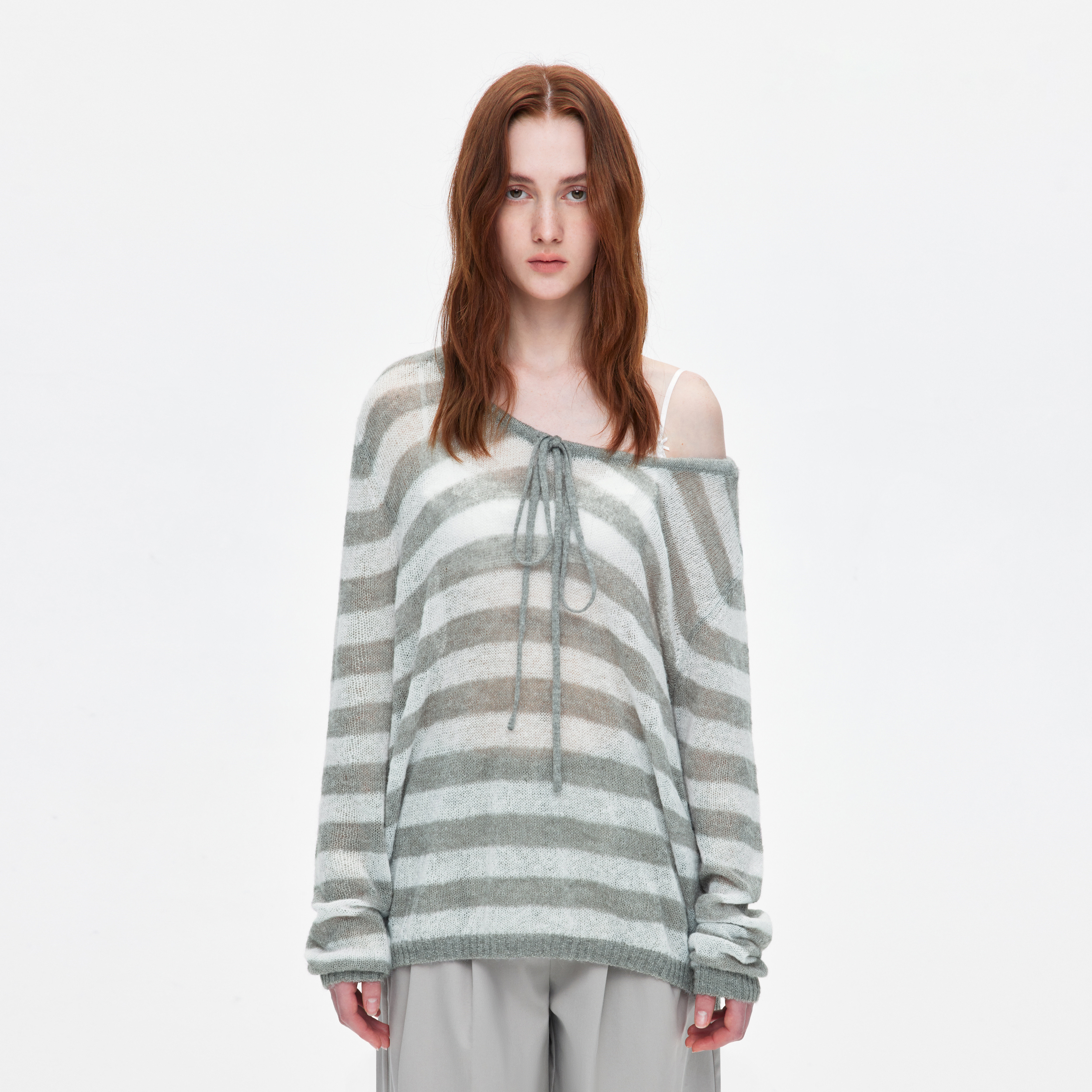 韩系慵懒风灰色条纹抽绳v领针织罩衫女春夏宽松镂空系带防晒上衣