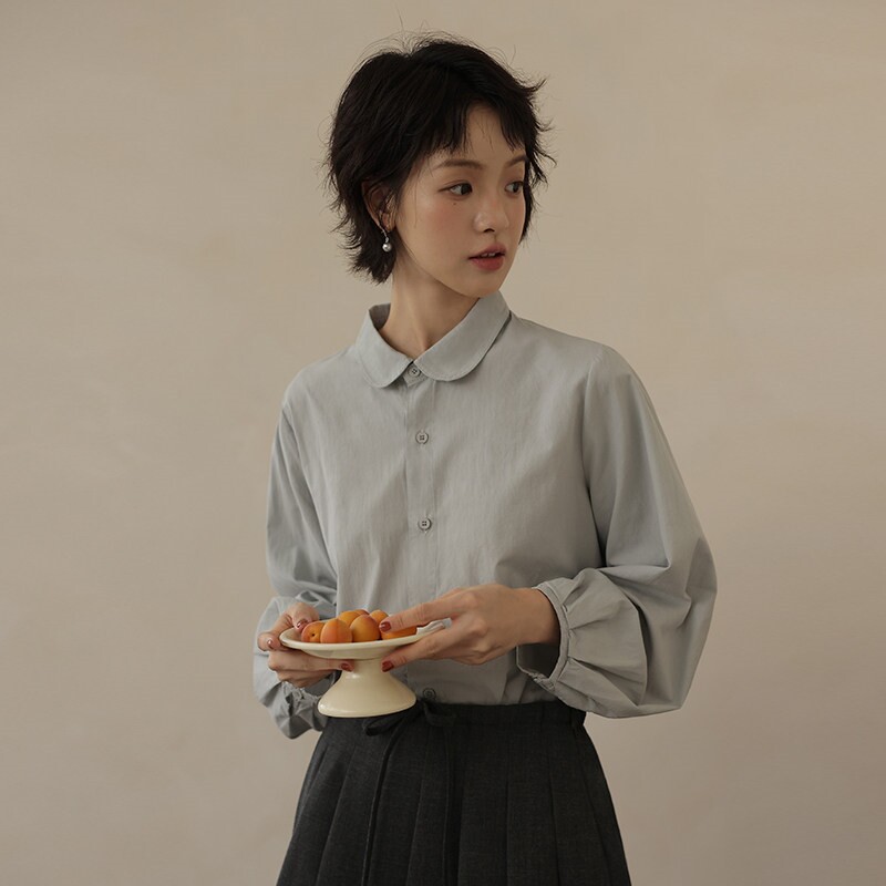 复古港风娃娃领长袖衬衫女春季高级感轻奢减龄洋气衬衣灯笼袖上衣