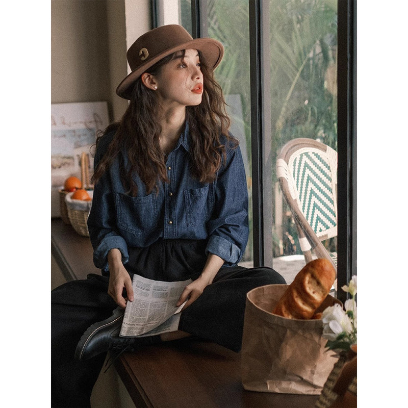 法式蓝色牛仔双口袋防晒衬衫女