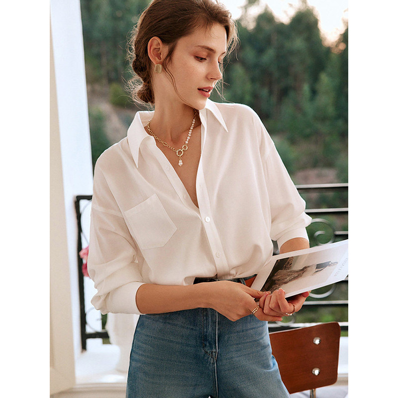 法式休闲白色polo领衬衫女春秋通勤职业百搭衬衣内搭叠穿长袖上衣