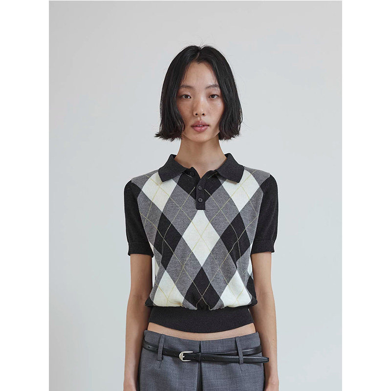 法式复古菱格polo领短袖针织衫女夏季简约学院风通勤正肩短款上衣
