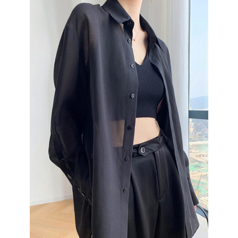 法式黑色冰丝polo领防晒衬衫女夏季薄款微透气质长袖衬衣雪纺外套