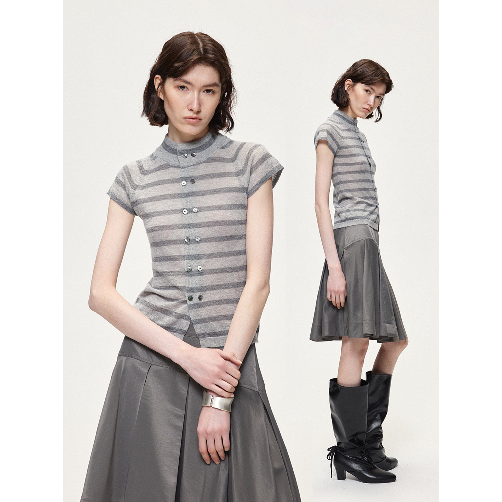 法式复古撞色条纹立领短袖针织衫女夏季薄款修身气质显瘦开衫上衣