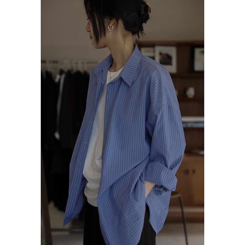 法式高级感蓝白条纹polo领衬衫女春夏季薄款宽松休闲防晒长袖衬衣