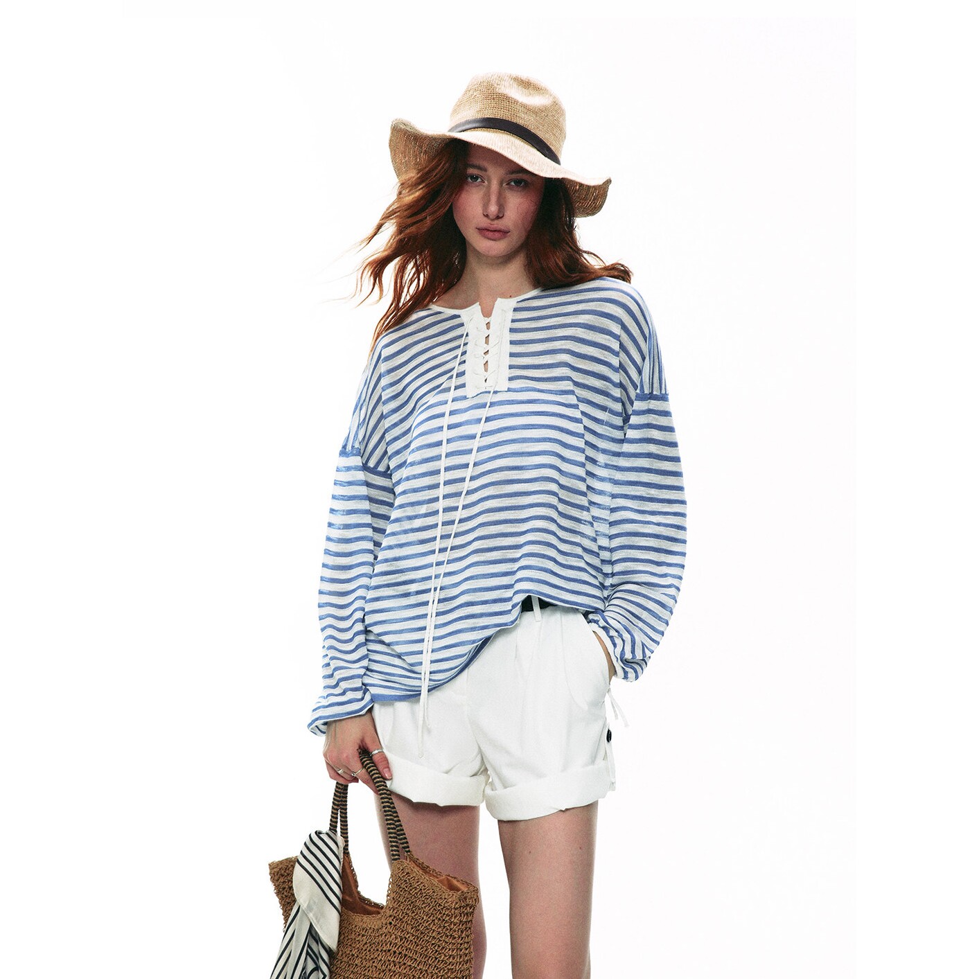 韩系蓝色条纹松弛感长袖针织衫女夏季宽松慵懒防晒衫时髦透气上衣