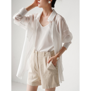 法式慵懒风天丝长袖翻领衬衫女夏季薄款微透宽松休闲防晒衬衣外套