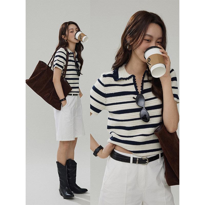 法式撞色条纹polo衫正肩短袖t恤女夏季短款高级感V领镂空针织上衣