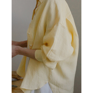 法式慵懒风黄色亚麻翻领衬衫女春夏薄款宽松休闲防晒衬衣叠穿外套