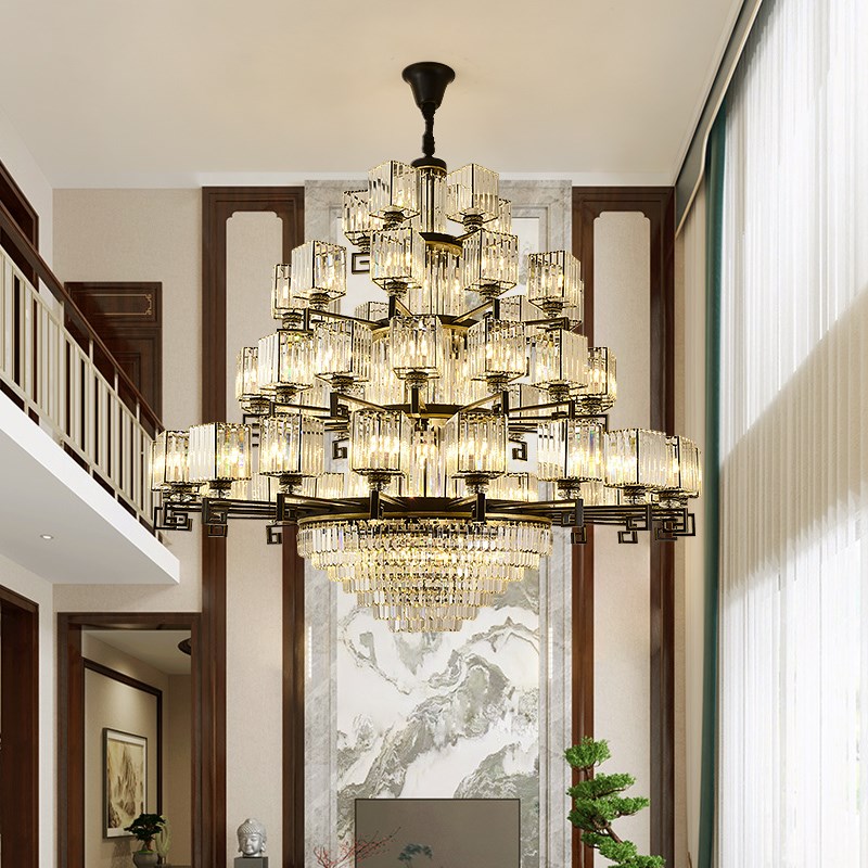 别墅客厅水晶大吊灯新中式复式y楼自建房楼中楼挑空跃层大气长主