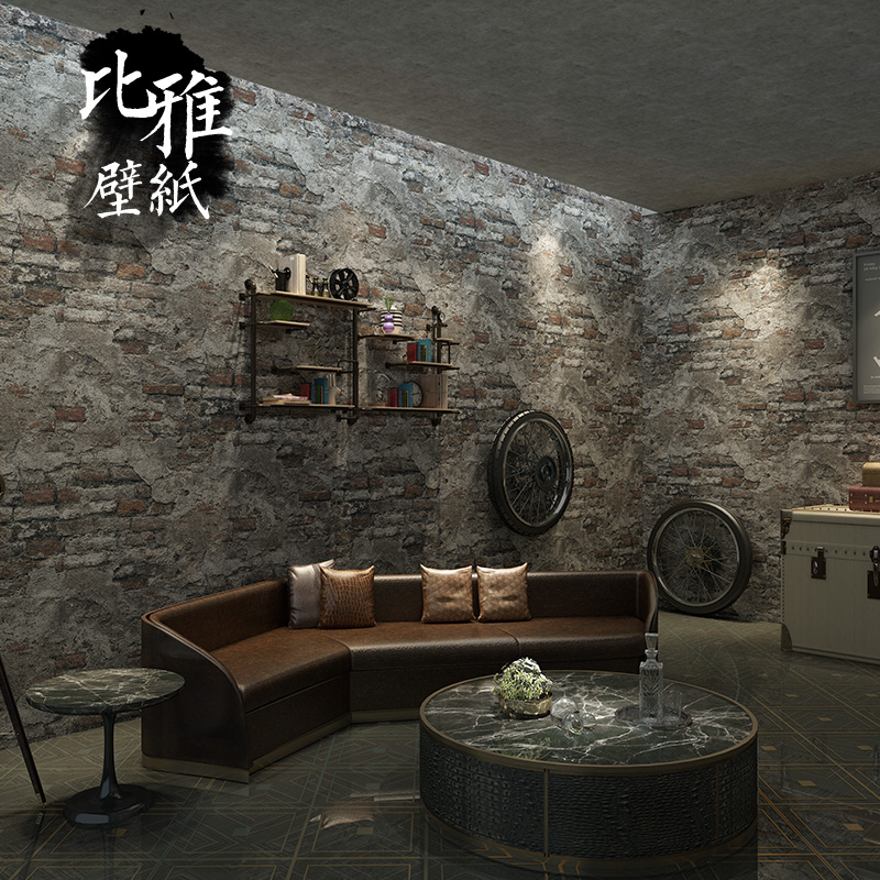 复古水泥灰色砖块砖头砖纹墙纸工业风剧本杀仿古餐U厅背景壁纸装