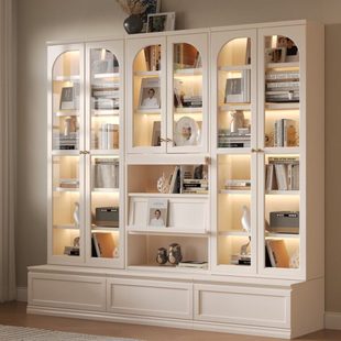 实木书柜带卡座一体整墙到顶带玻璃门展示柜自由组合大容量储物柜