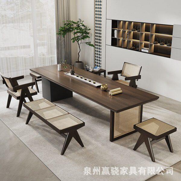 新中式实木茶桌椅组合藤艺家用客厅公泡茶桌子创意原木大板茶台