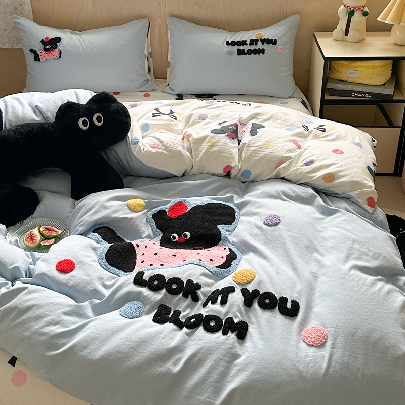 卡通可爱毛巾绣水洗棉床上四件套非纯全I棉被套床单宿舍三件套床