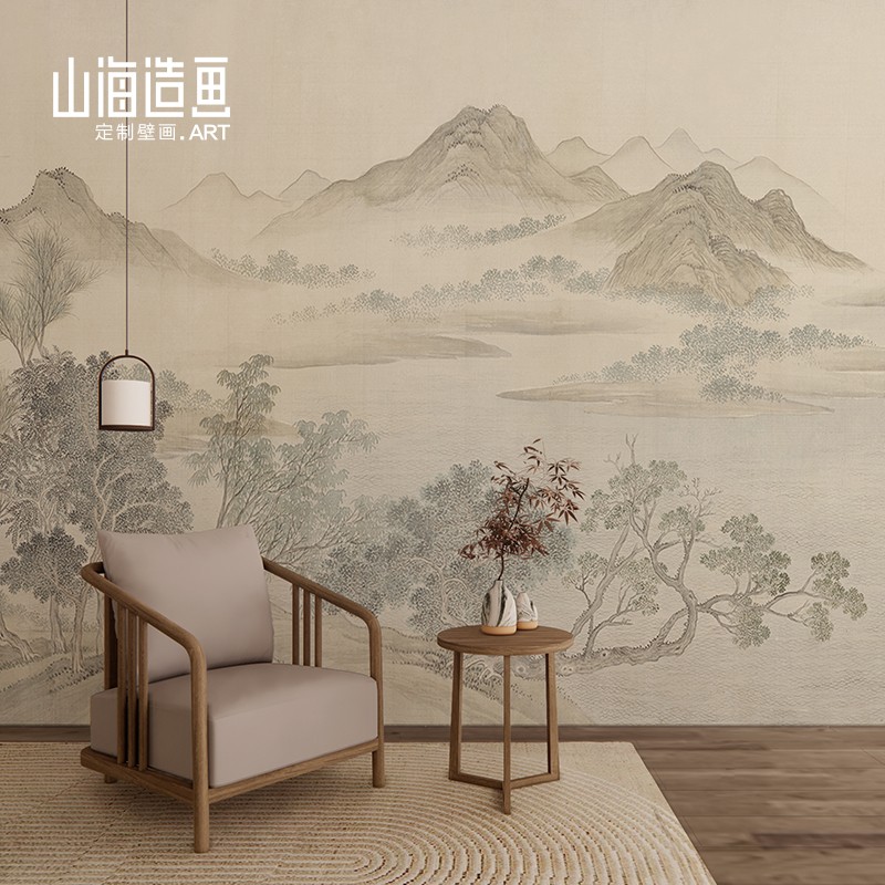 新中式山水画墙布茶室书房大气素雅背景墙M客厅沙发壁纸定制壁画