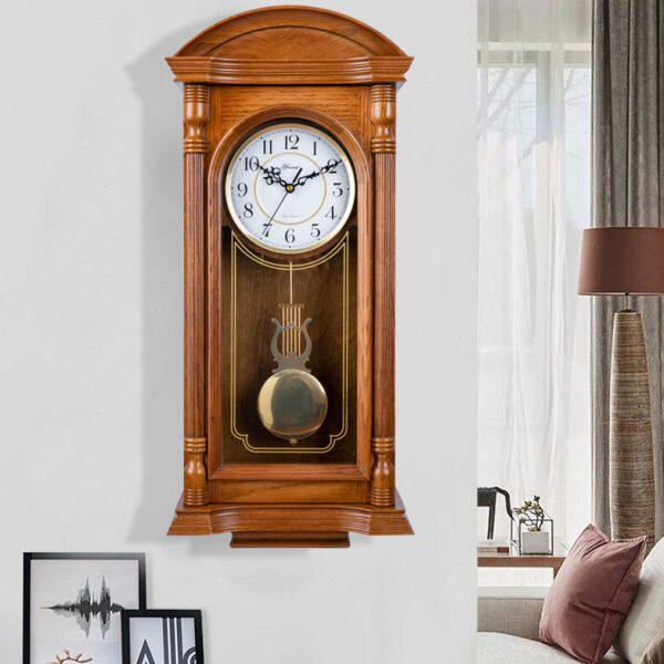红橡实木客厅挂钟欧式复古摆钟家用西洋钟中式长方形报时石英挂表