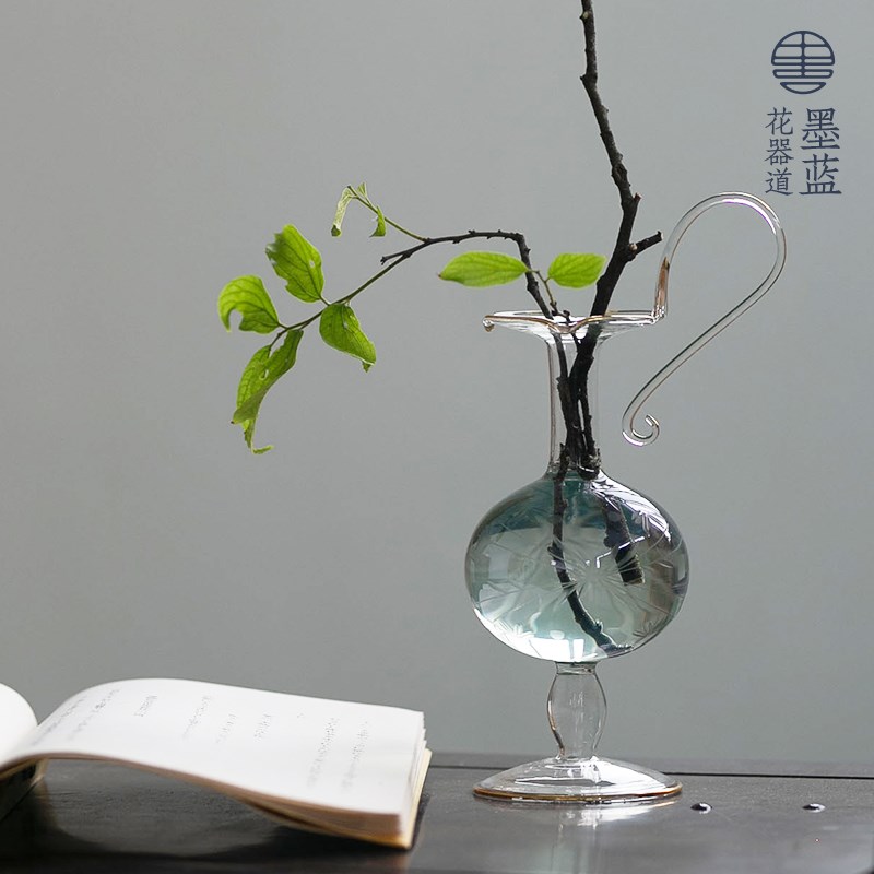 花瓶摆件金边雕花玻璃透明水养植物鲜花水培插花S花器高级感小摆