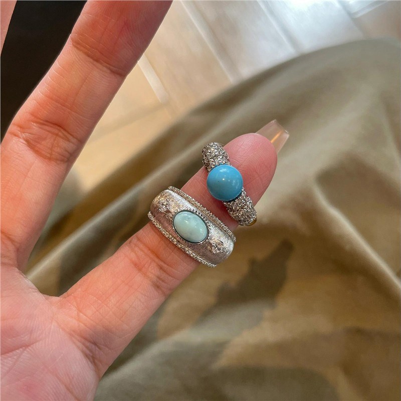 S925b银中古拉丝宽面海纹石戒指女轻奢高级感指环叠戴绿松石食指