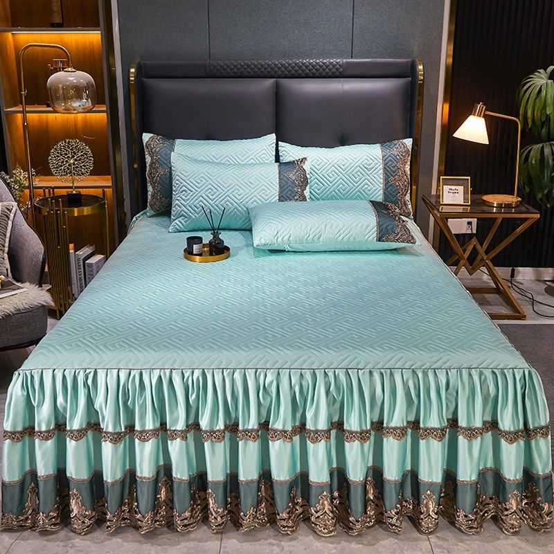欧式贡缎夹棉床裙式床罩单件高级感刺绣花边床围裙保护套夏季