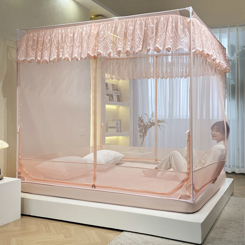 新款刺绣花边床笠式坐床蚊帐T+U三开门回形底家用方顶蒙古包蚊帐