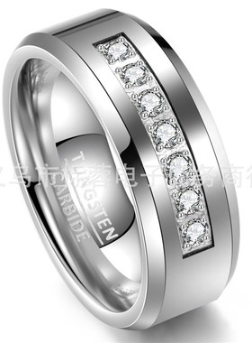 现货一件代发8mm镶嵌锆石本色男士钨钢戒指美码7-14含半码