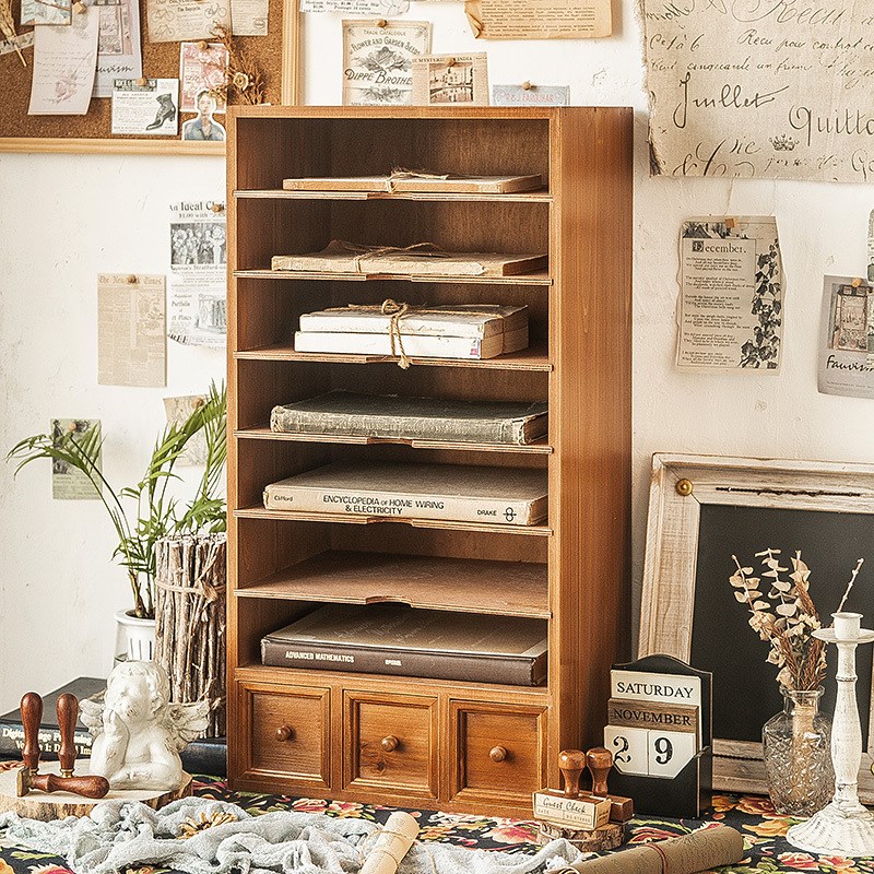 KI9SA4文件夹桌面收纳盒抽屉式书架置物架书桌手账木质复古多层储