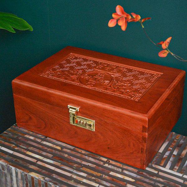 红木实木加高款A4纸首饰盒文件户口本族谱密码锁盒35*24.5*13.5cm