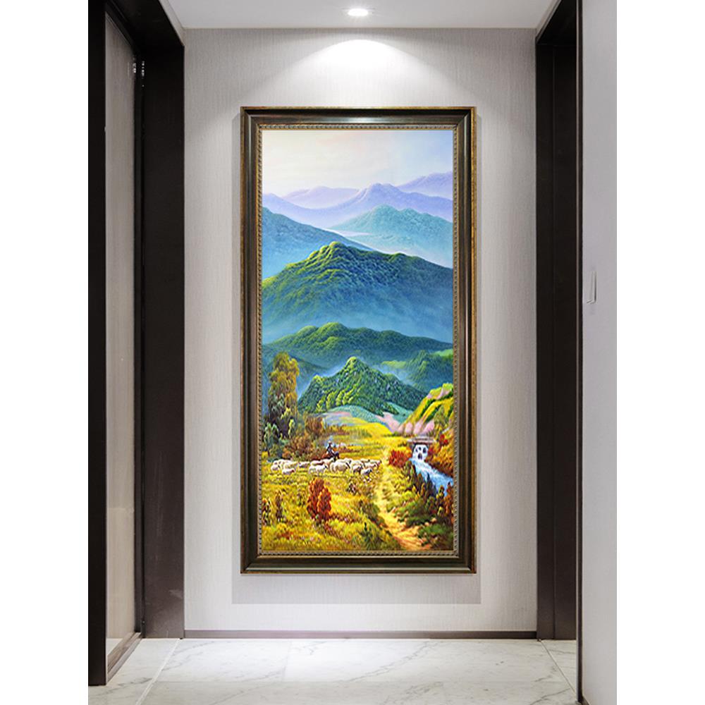 手绘油画入户玄关装饰画竖版美式山水风景挂画走廊过道壁画巨人山