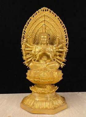 精工仿古黄铜鎏金背光千手观音家居客厅摆件铜佛像做莲花观音摆设