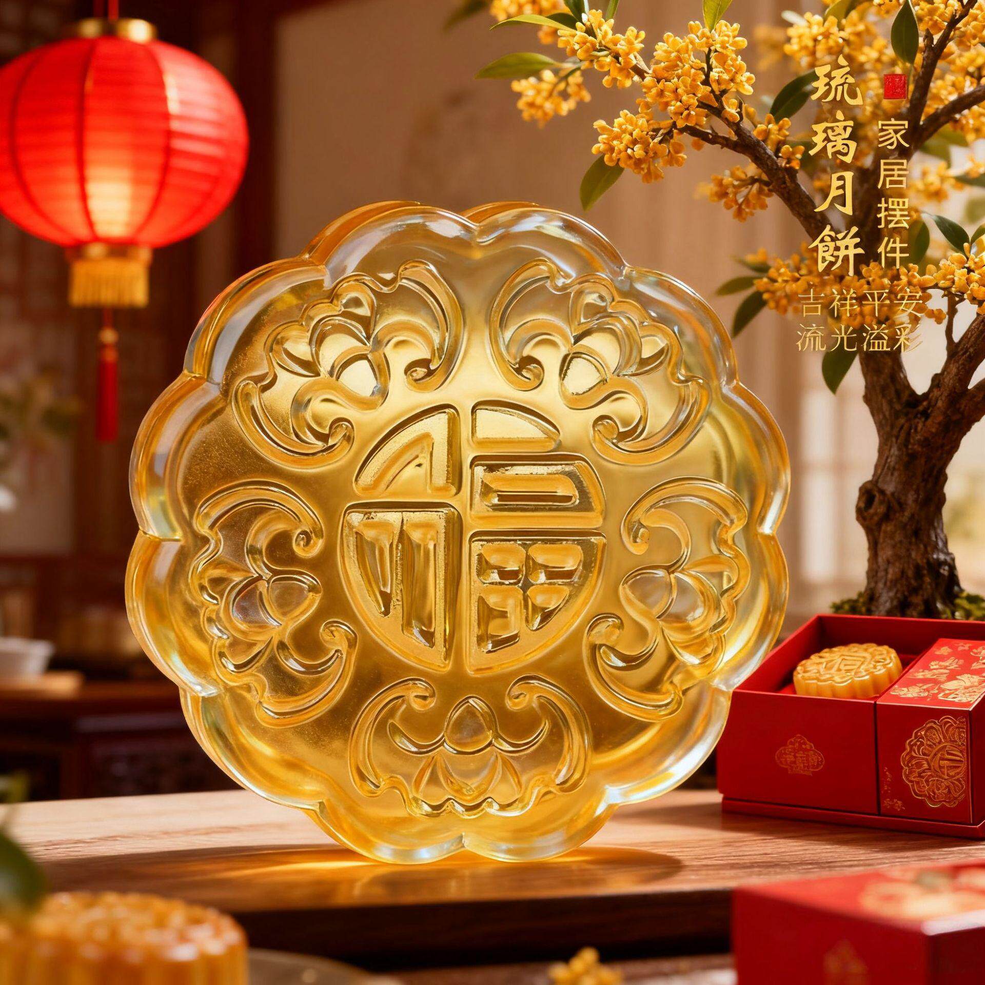 【花好月圆】水晶月饼中秋佳节摆件琉璃团圆家居车载桌面工艺品