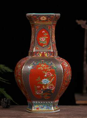 景德镇陶瓷珐琅彩花开富贵六方花瓶仿古中式瓷器装饰品摆件工艺品