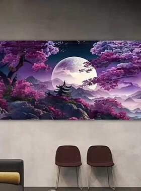 现代抽象山水画壁画紫色背景月亮树唯美帆布画喷绘画油画酒店墙画