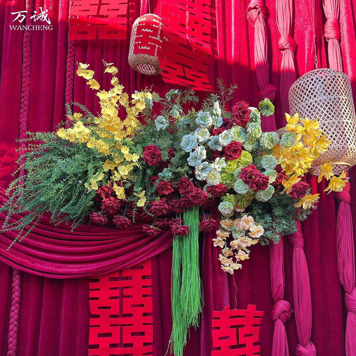 仿真花场景布置婚庆红色背景挂花新中式婚庆迎宾婚礼摆件订婚结婚