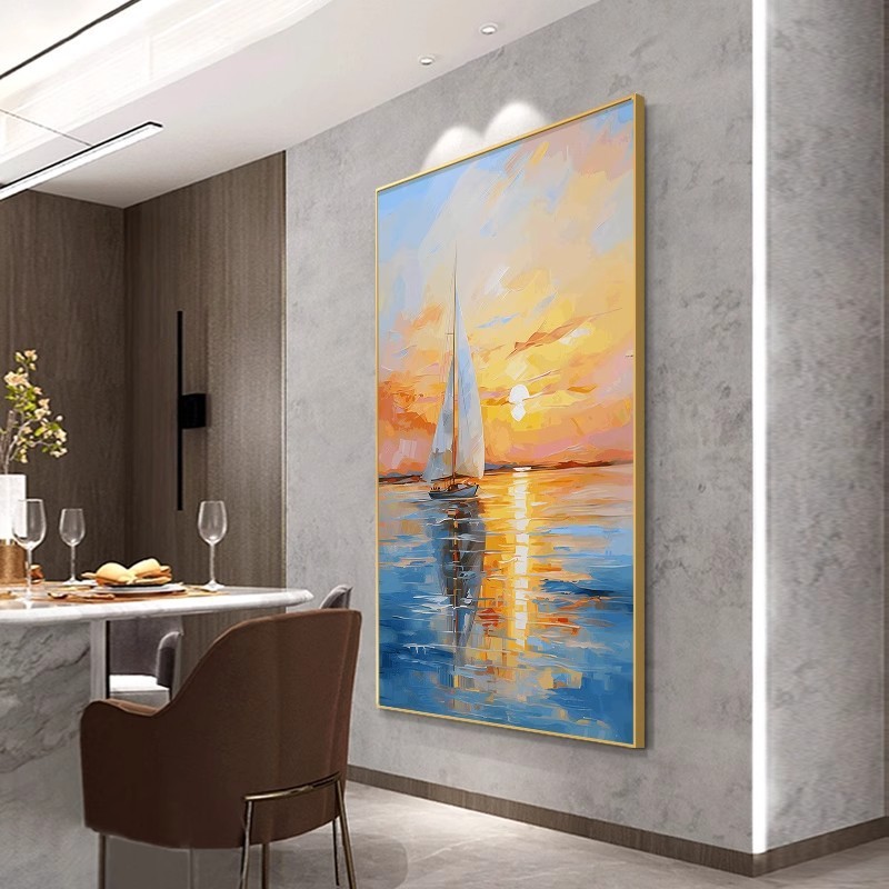 纯手绘一帆风顺油画入户玄关装饰画轻奢高档挂画沙发墙日出风景画