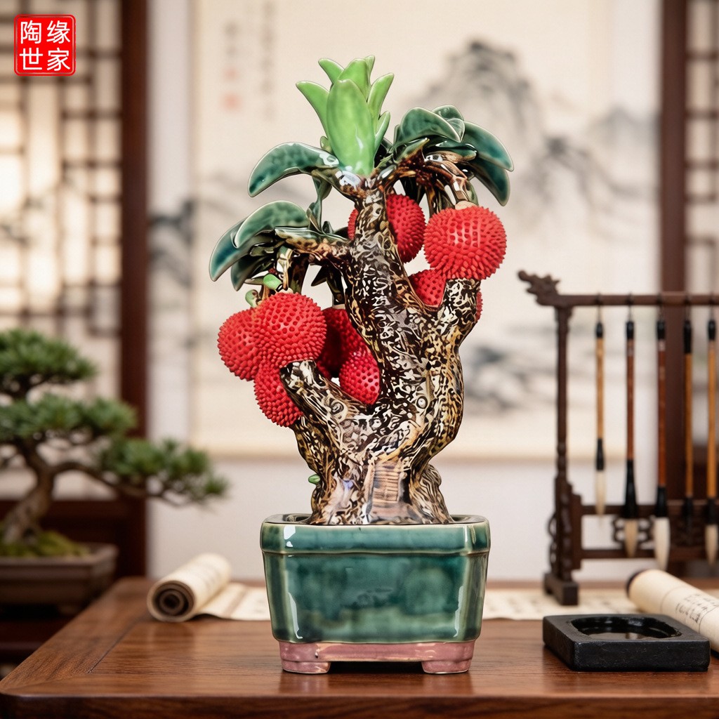 石湾公仔仿真荔枝陶瓷摆件新中式博古架餐厅装饰办公室桌面小盆景
