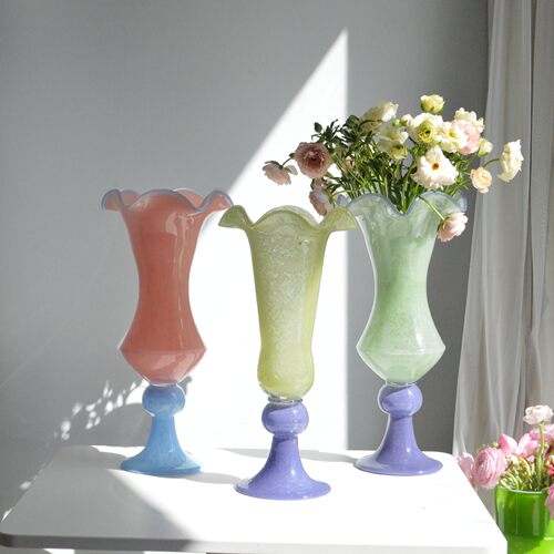 Vintage复古风中古法式餐桌花瓶手工琉璃高脚花器摆件插花装饰品