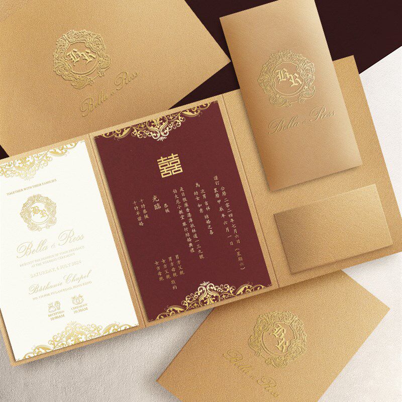 三折式港版繁体字创意烫金请帖2024婚礼结婚定制请柬喜帖小众欧式