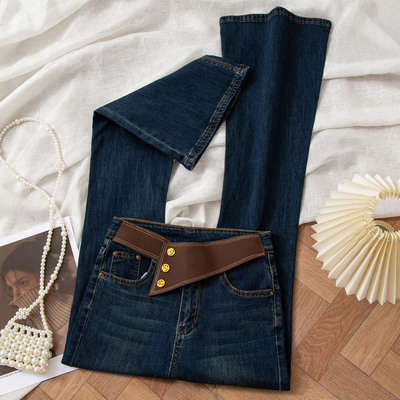 潮流爆款美式微喇牛仔裤女秋冬加绒加厚新款弹力紧身提臀喇叭裤子