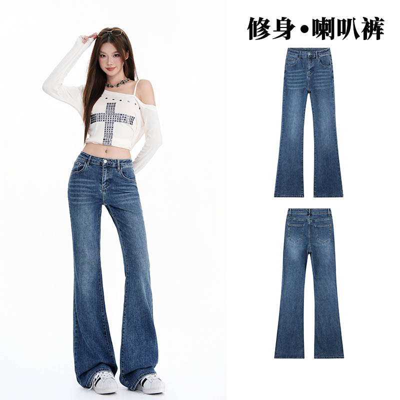 复古蓝低腰显瘦小个子微喇牛仔裤女2026秋季款九分修身时尚喇叭裤图片