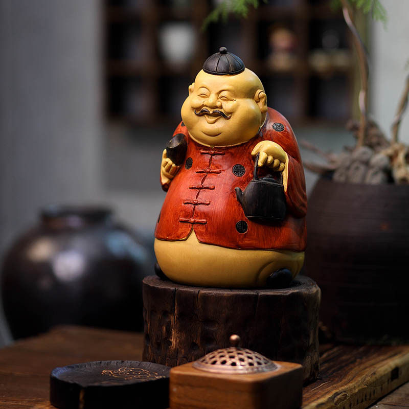 中式地主摆件客厅财神爷雕塑仿木雕茶几博古架装饰品桌面摆设招财