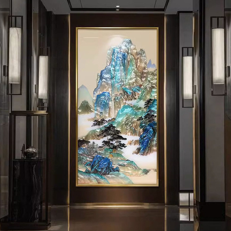 手绘新中式珐琅彩装饰画入户玄关走廊挂画屏风隔断办公室山水壁画