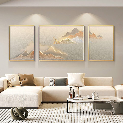 背有靠山现代轻奢客厅装饰画山水画大气沙发背景墙挂画高档三联