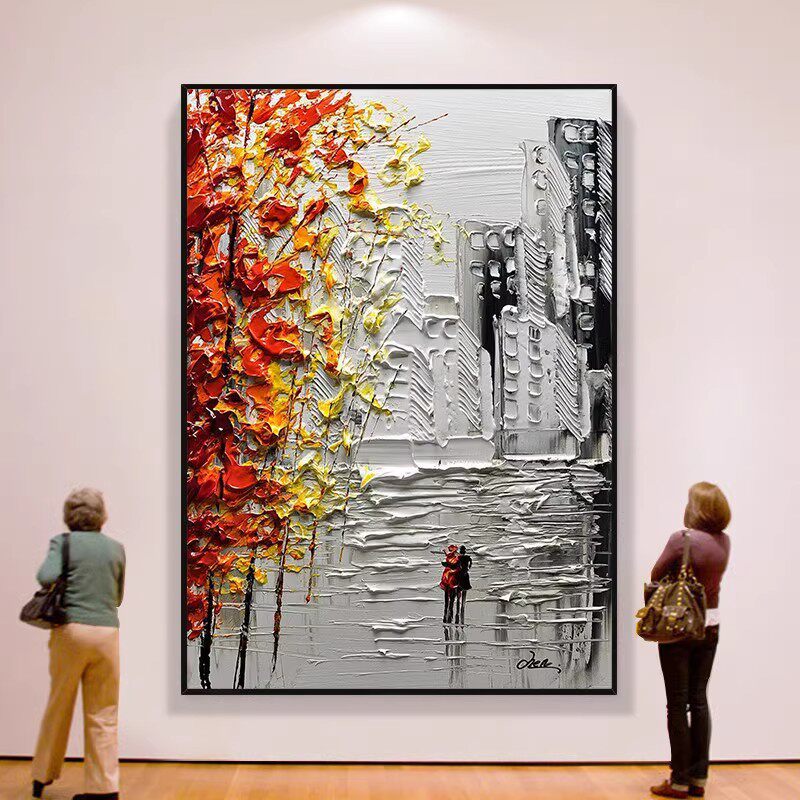 手绘油画黑白城市漫步玄关挂画沙发背景墙装饰画抽象立体客厅壁画