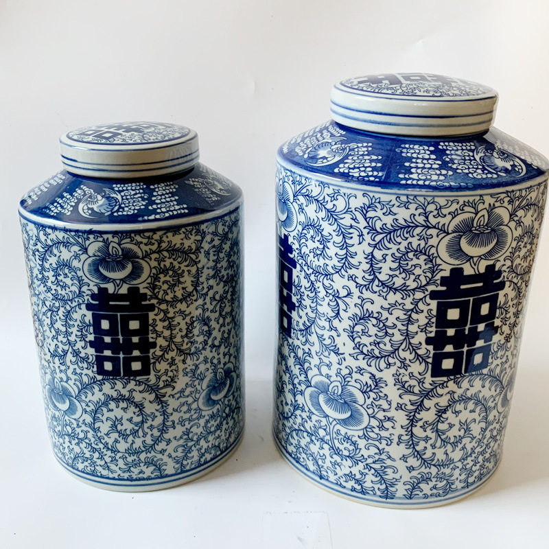 花瓶摆件青花瓷陶瓷客厅中式装饰喜字插花瓷器花器复古罐子