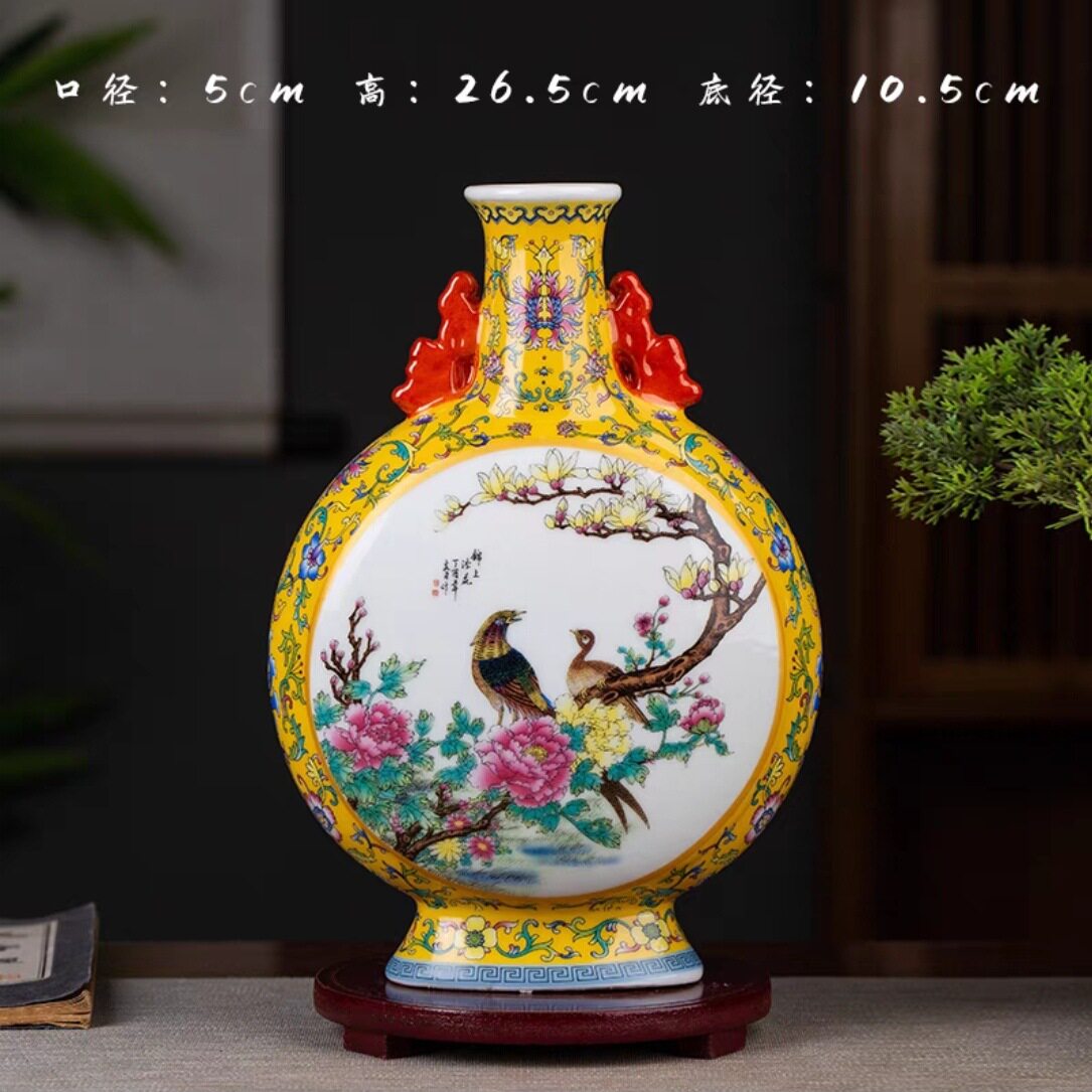 景德镇陶瓷器描金珐琅彩花鸟纹抱月扁瓶老货瓷器家居摆件古玩收藏