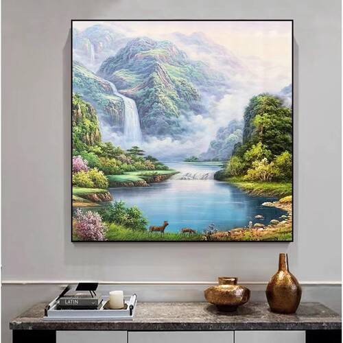 手绘油画聚财湖挂画风景装饰画酒店餐厅玄关山水画新款现代艺术