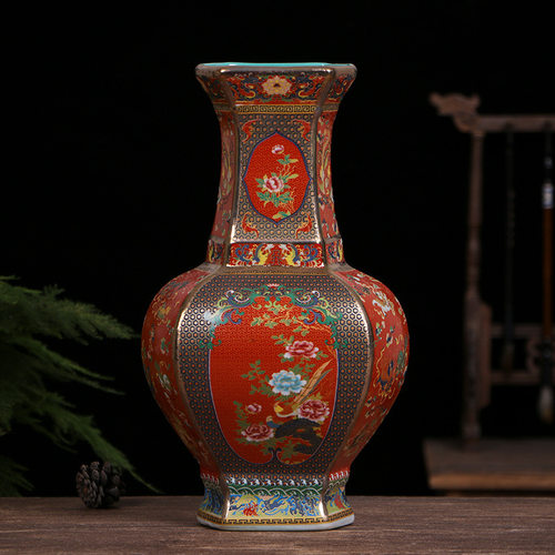 景德镇陶瓷珐琅彩花开富贵六方花瓶仿古中式瓷器装饰品摆件工艺品